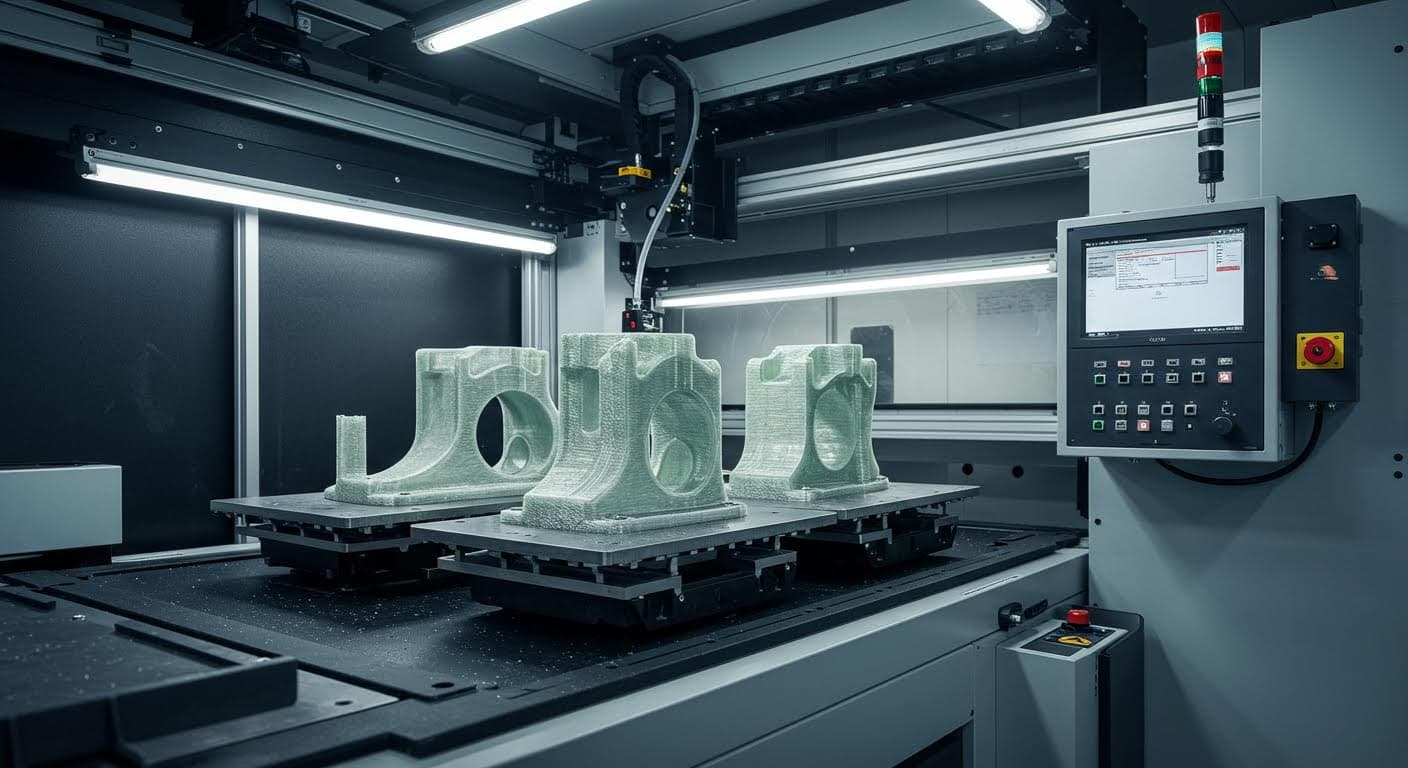 High-resolution image of glass fiber reinforced parts being additively manufactured on a large-scale printer