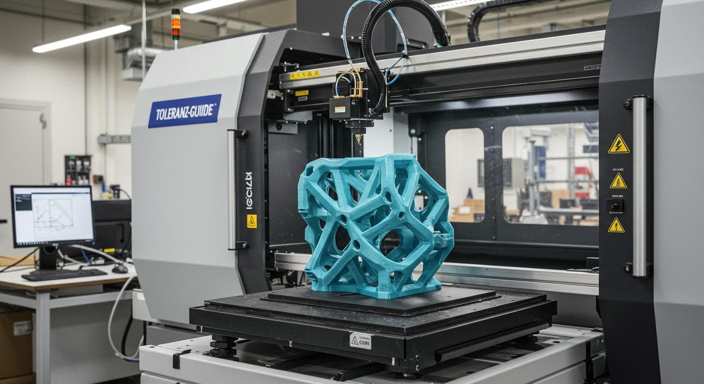 Ein hochpräziser 3D-Drucker beim Aufbau eines komplexen Bauteils mit sichtbaren Schichten in einem industriellen Setting