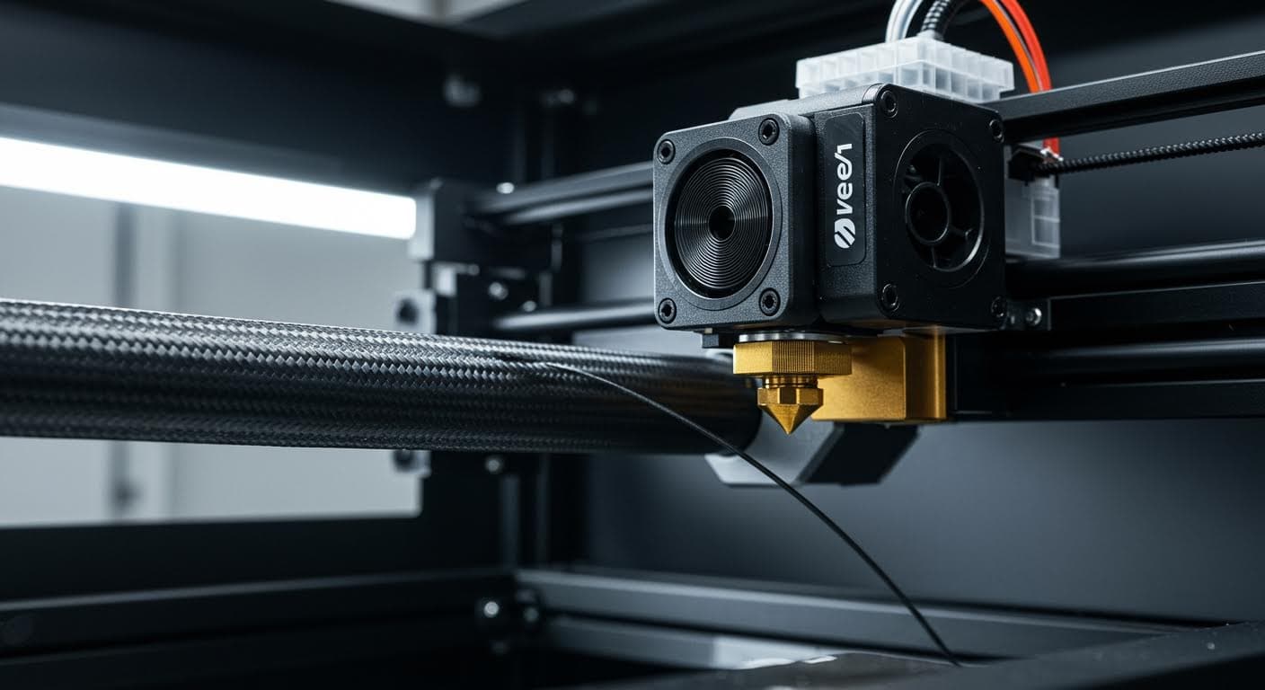 Professional photograph of carbon fiber filaments feeding into a 3D printing nozzle, with focus on material flow
