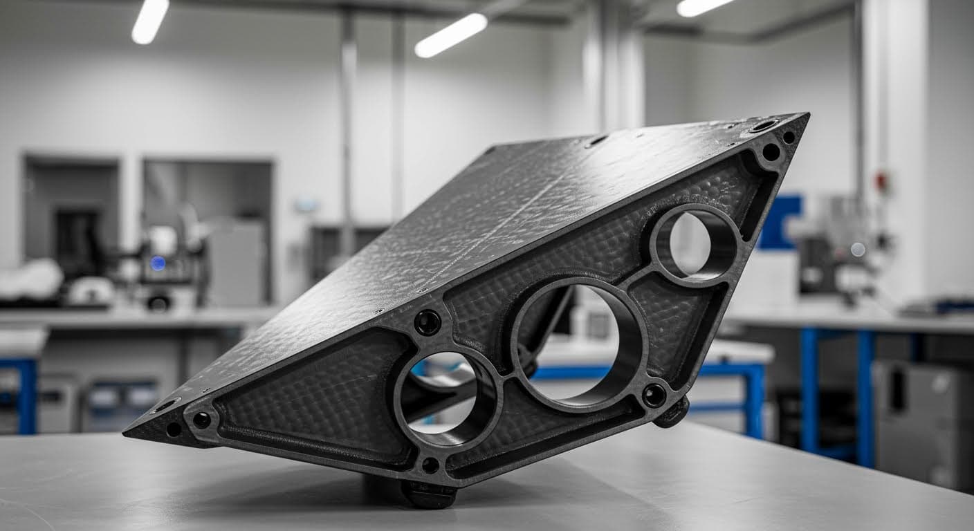 Side view of a lightweight aerospace component made from composite materials, displayed in a clean workshop environment