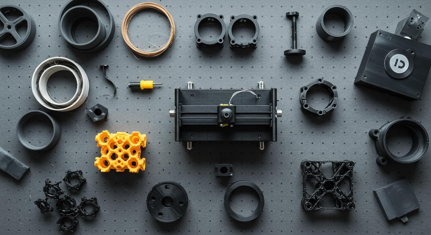 Overhead shot of various 3D-printed prototypes using nylon and fiber reinforcements on a production table