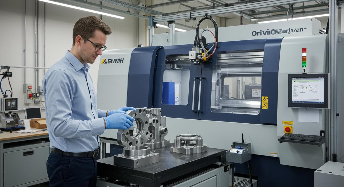 Industriefoto von additiv gefertigten Komponenten in einer süddeutschen Fabrik, mit Fokus auf Präzision und Material