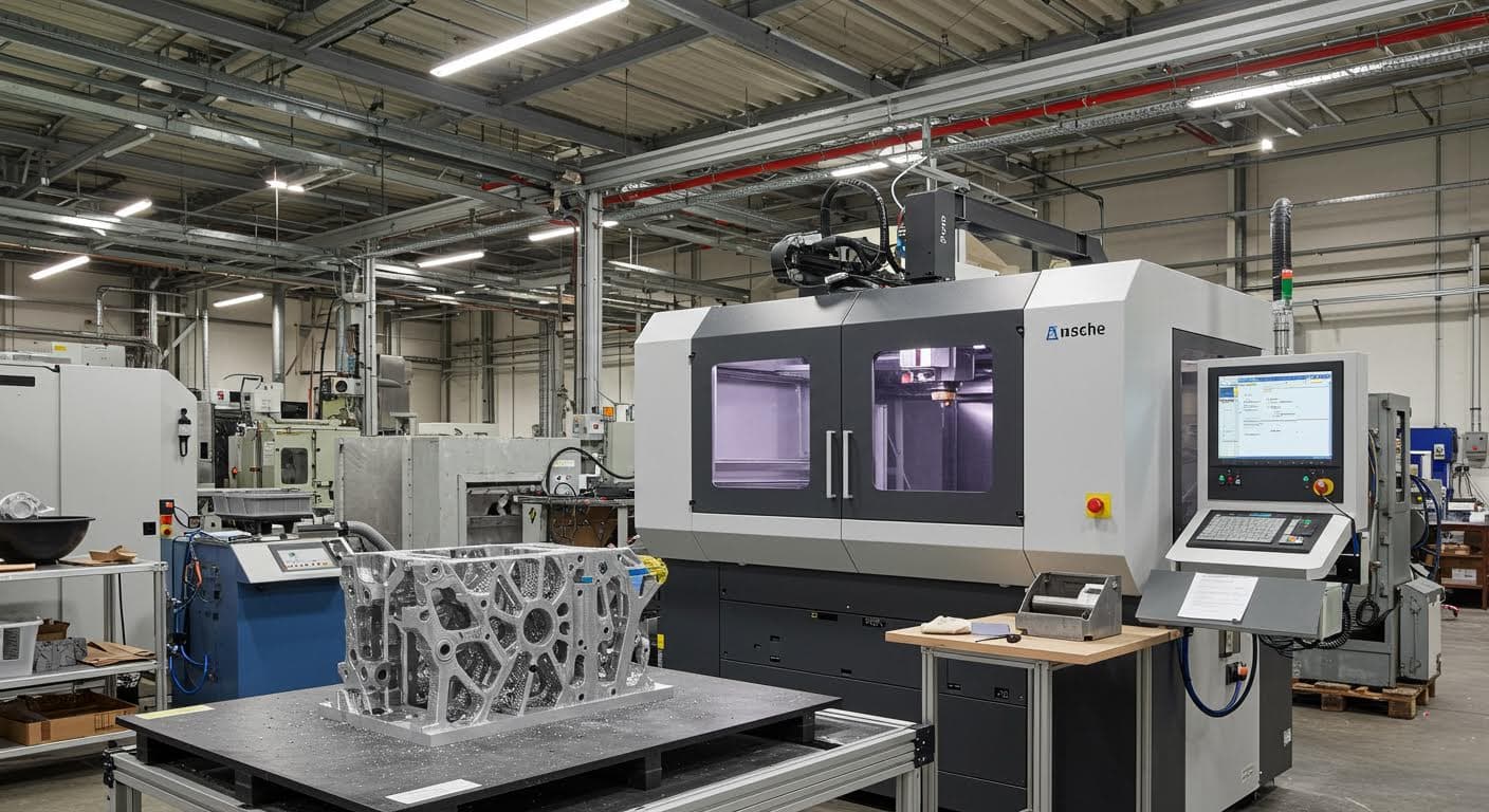 Ein hochauflösender Großformat-3D-Drucker in einer modernen Fabrikhalle, der ein großes Bauteil extrudiert, industrielle Umgebung mit Metallgerüsten und Maschinen im Hintergrund, reines visuelles Bild ohne Text