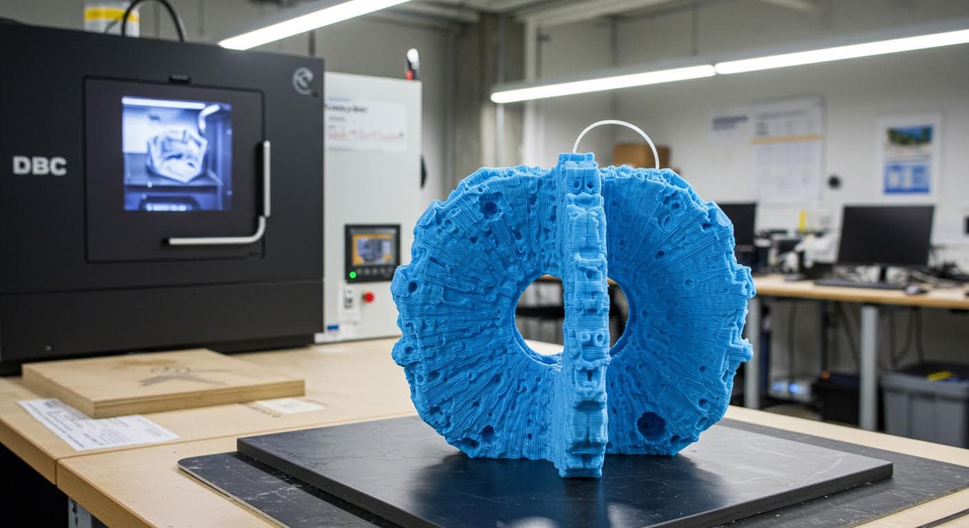 Nahaufnahme eines fertigen großen 3D-gedruckten Objekts aus Polymer, detaillierte Schichten sichtbar, auf einem Arbeitstisch platziert, professionelle Beleuchtung, keine Beschriftungen