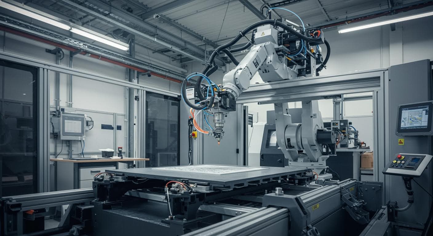 Robotergestütztes 3D-Drucksystem in Aktion, Arm extrudiert Material auf ein großes Gerüst, dynamische Bewegung, hohe Auflösung, industrielle Szene ohne Schrift