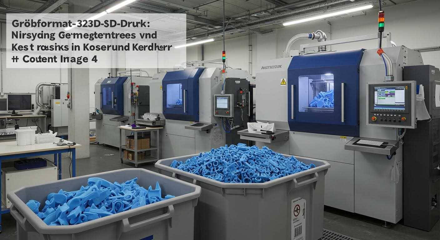 Recyclingprozess von 3D-Druck-Materialien, zerkleinerte Polymere in einem Behälter, Maschinen im Hintergrund, Fokus auf Nachhaltigkeit, magazinqualität, textfrei