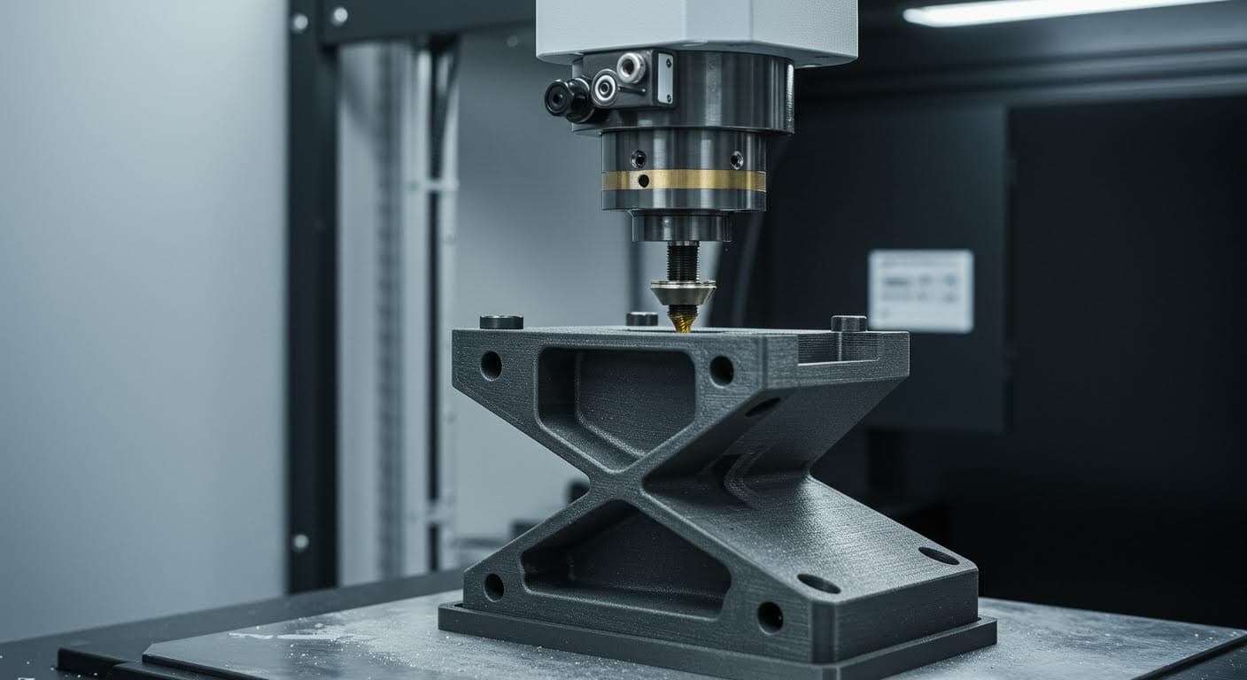 Hochauflösendes Foto eines 3D-gedruckten Kunststoffteils mit eingebetteter Messing-Einpressmutter, Nahaufnahme der spiralförmigen Rändelung, professionelle Industriefotografie ohne jeglichen Text