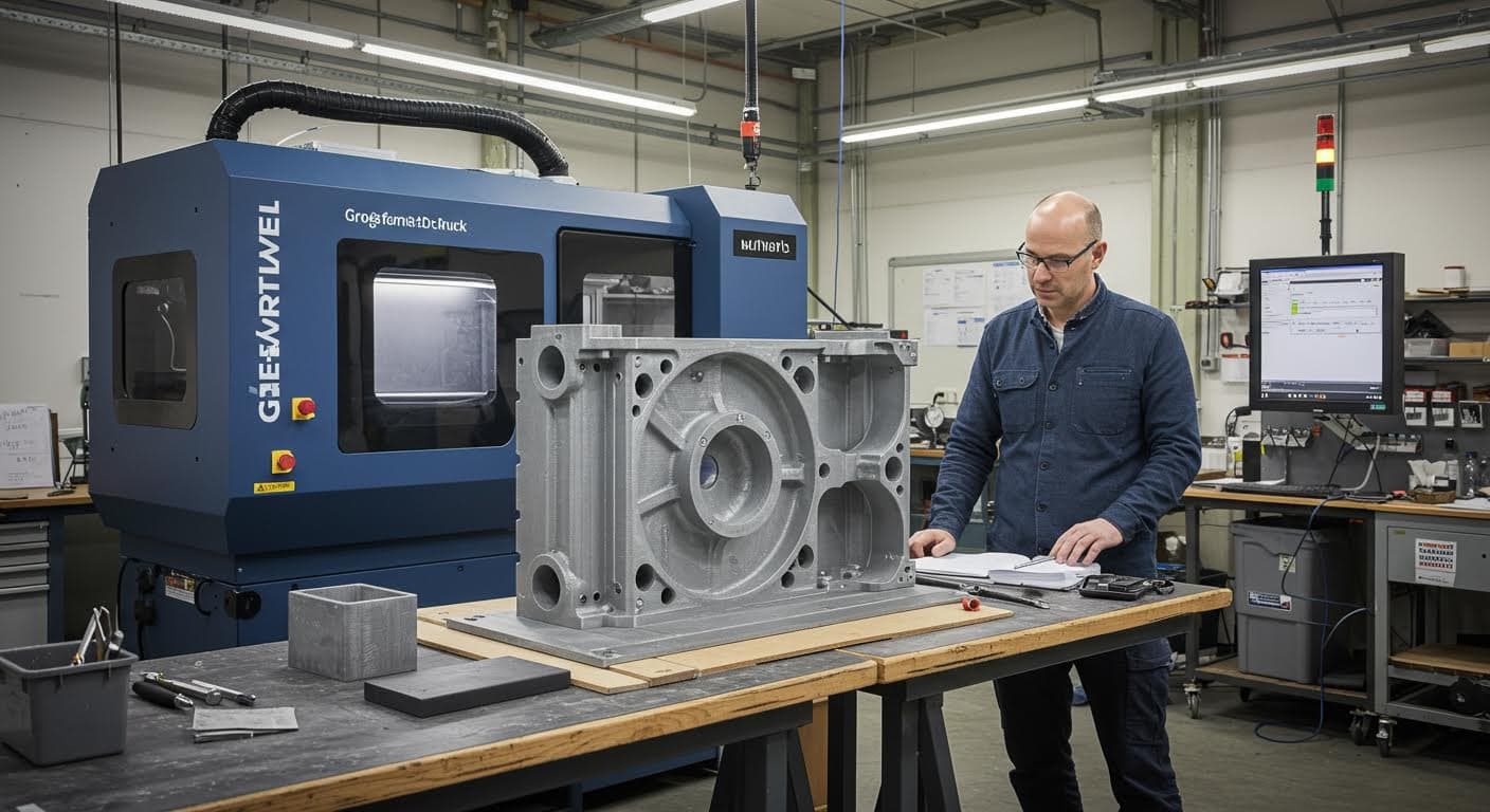 Lokale Anwendung: Großes gedrucktes Bauteil in einer Werkstatt in Baden-Württemberg, Umgebung mit Werkzeugen und Ausrüstung, professionelle Fotografie ohne Labels