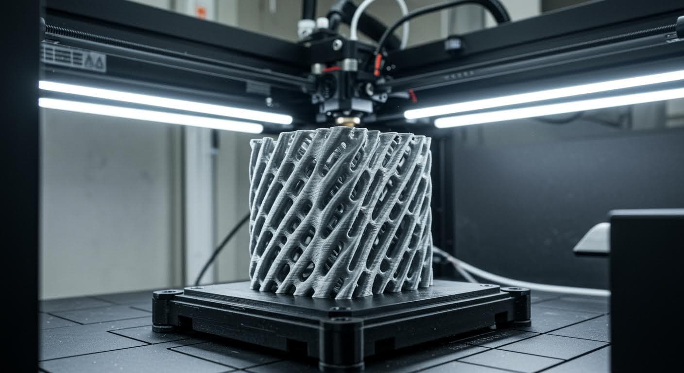 Nahaufnahme eines 3D-gedruckten Nylon-Teils in einer Heizumgebung, Fokus auf Materialstruktur