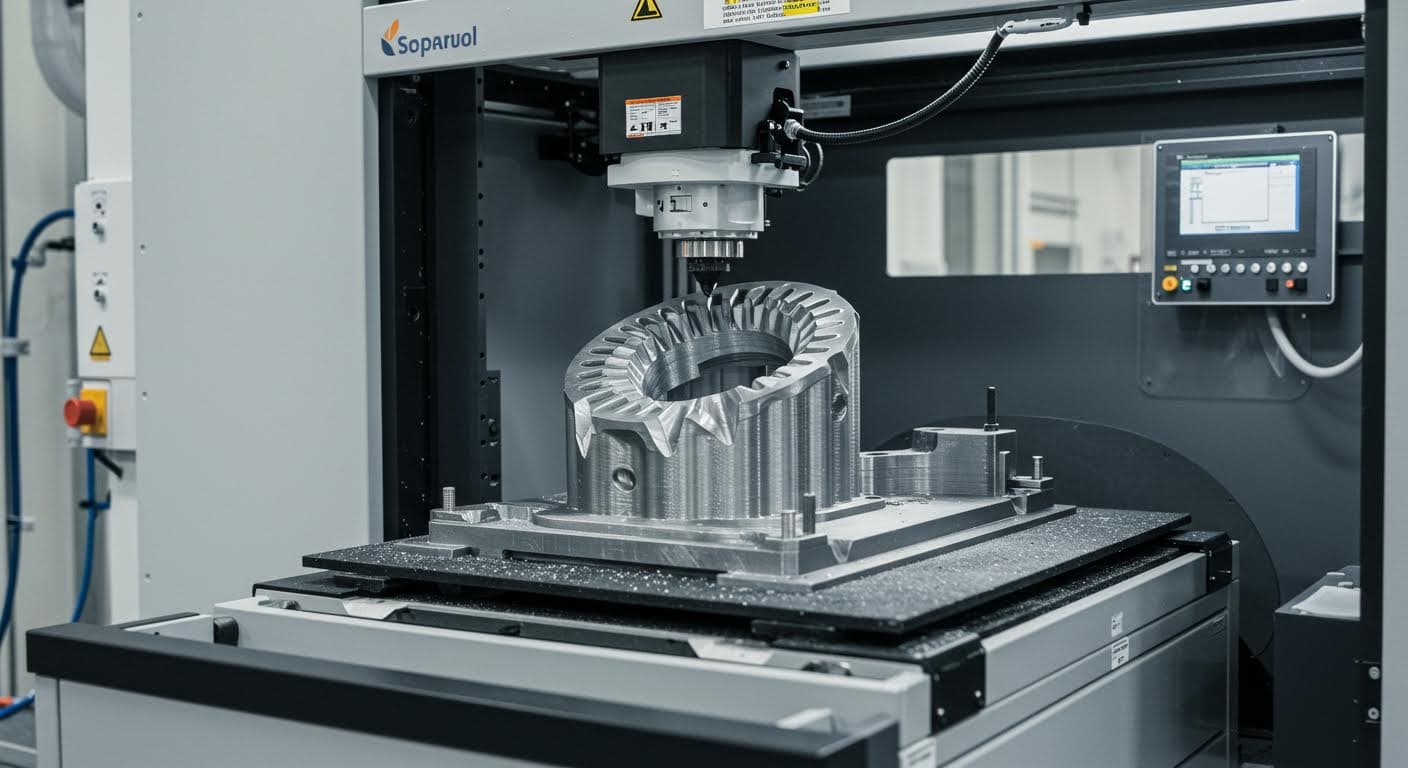 Visuelle Darstellung eines Gewindeschneidprozesses an einem additiv gefertigten Bauteil, Fokus auf dem Gewindeschneider in Aktion, magazin-taugliche Qualität ohne Beschriftungen