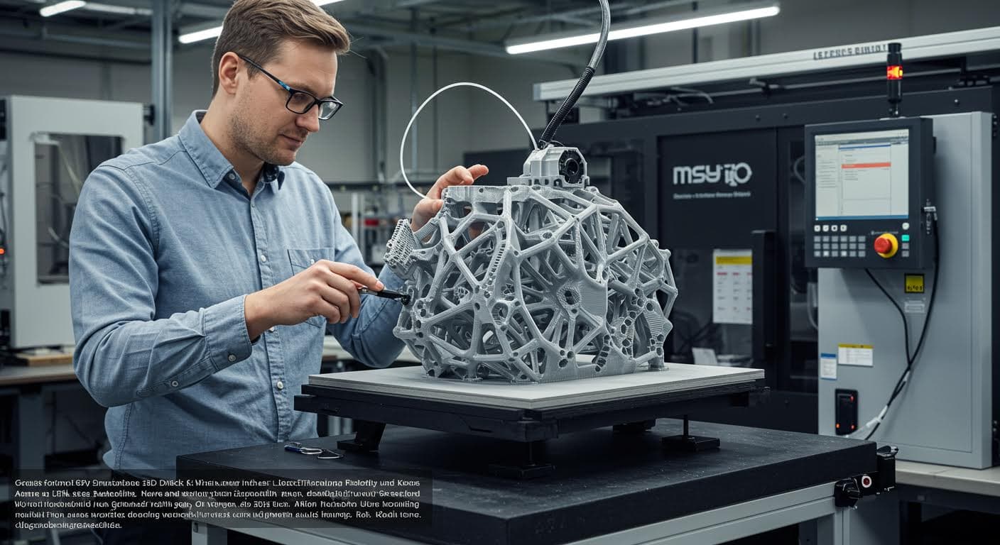 Case Study: Komplexes 3D-gedrucktes Prototyp für die Automobilindustrie, detaillierte Struktur, auf einem Präsentationsständer, hochwertig und visuell rein
