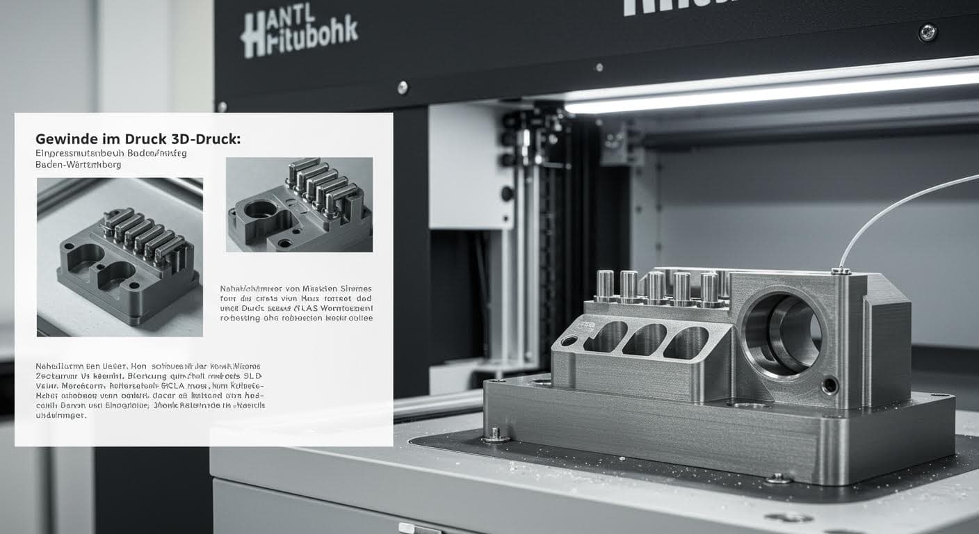 Nahaufnahme von Metallinserts in einem SLA-gedruckten Teil, Betonung der robusten Verbindung, reine Technologie-Darstellung ohne Logos oder Schriften
