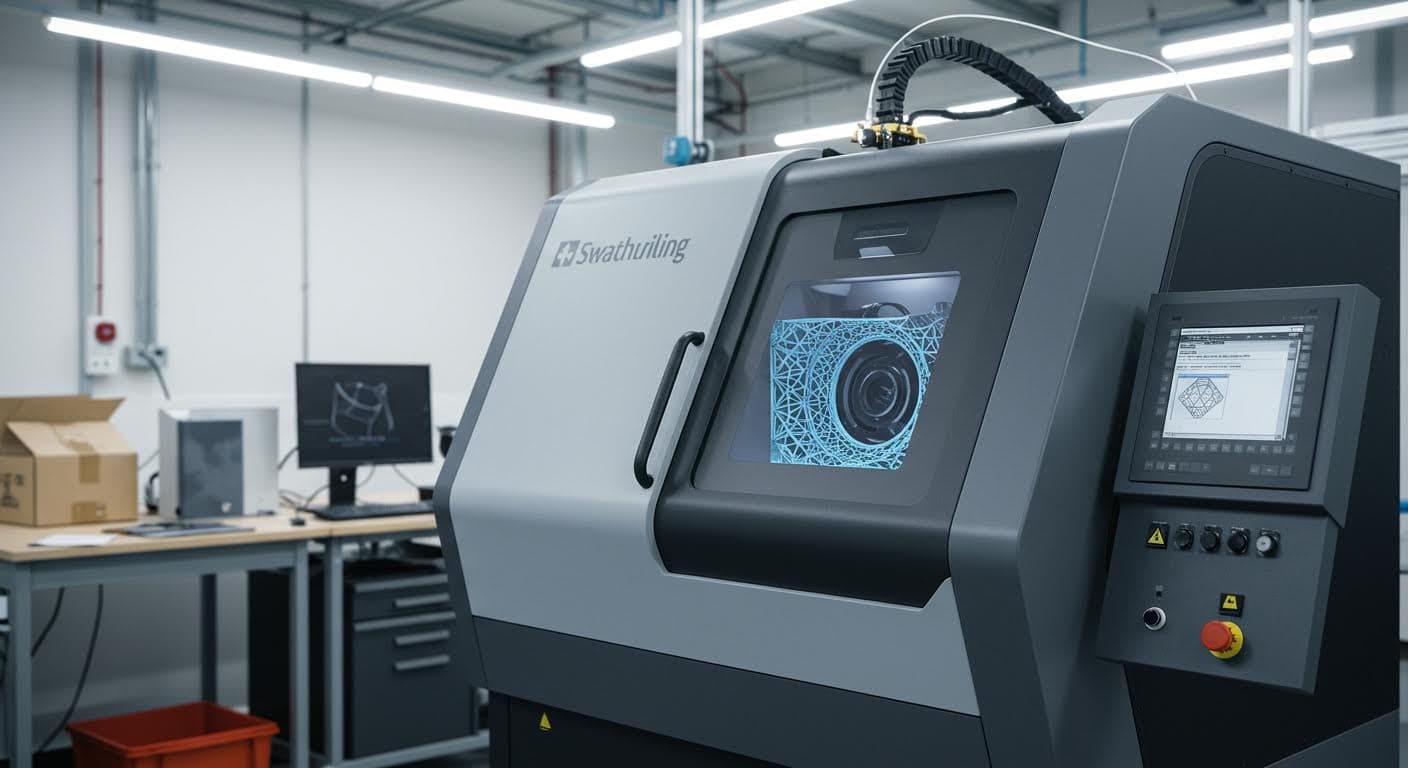 Professionelles Bild eines hybriden 3D-Druckprodukts mit integrierten Gewinden, Ansicht aus der Industrieperspektive, hochauflösend und textfrei
