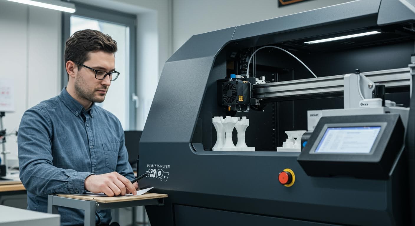 Industriefotografie von 3D-Druck-Equipment mit Harz- und Nylon-Elementen, ohne Beschriftungen