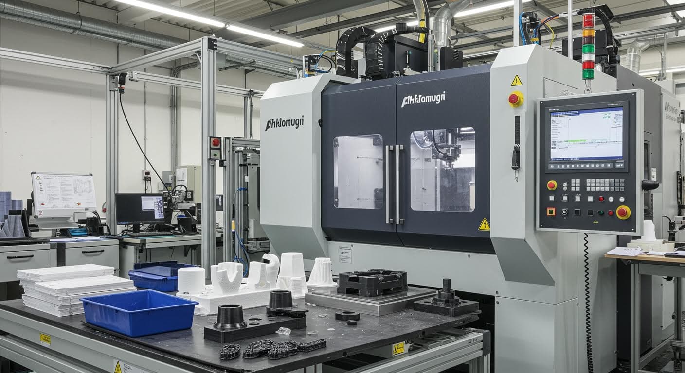 Foto einer industriellen Anwendung mit 3D-gedruckten Teilen und Inserts in einer Fertigungsanlage, Fokus auf Equipment und Ergebnisse, ohne jegliche Labels