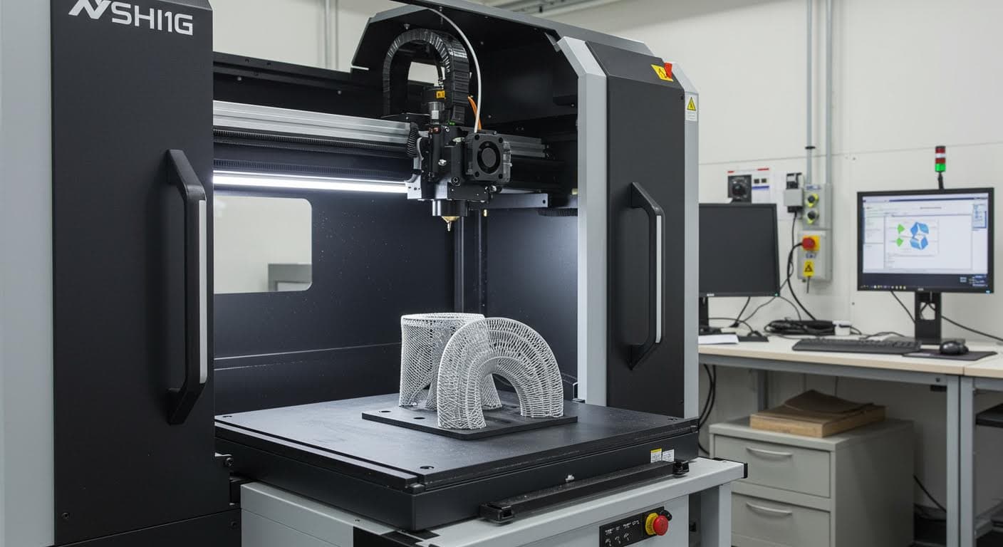 Darstellung neuester Entwicklungen im 3D-Druck, wie pulverfreie Teile mit Gewinden, visuelle Hochqualitätsaufnahme ohne Textinhalte