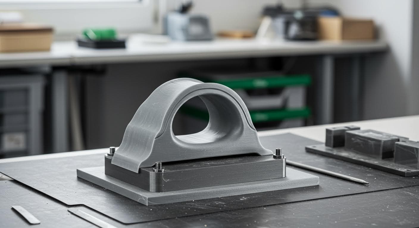 Ein hochauflösendes, professionelles Foto eines 3D-gedruckten Wachsmodels für Feinguss, das auf einem Arbeitstisch liegt, mit Fokus auf feine Details und glatte Oberflächen, ohne jegliche Texte oder Labels.