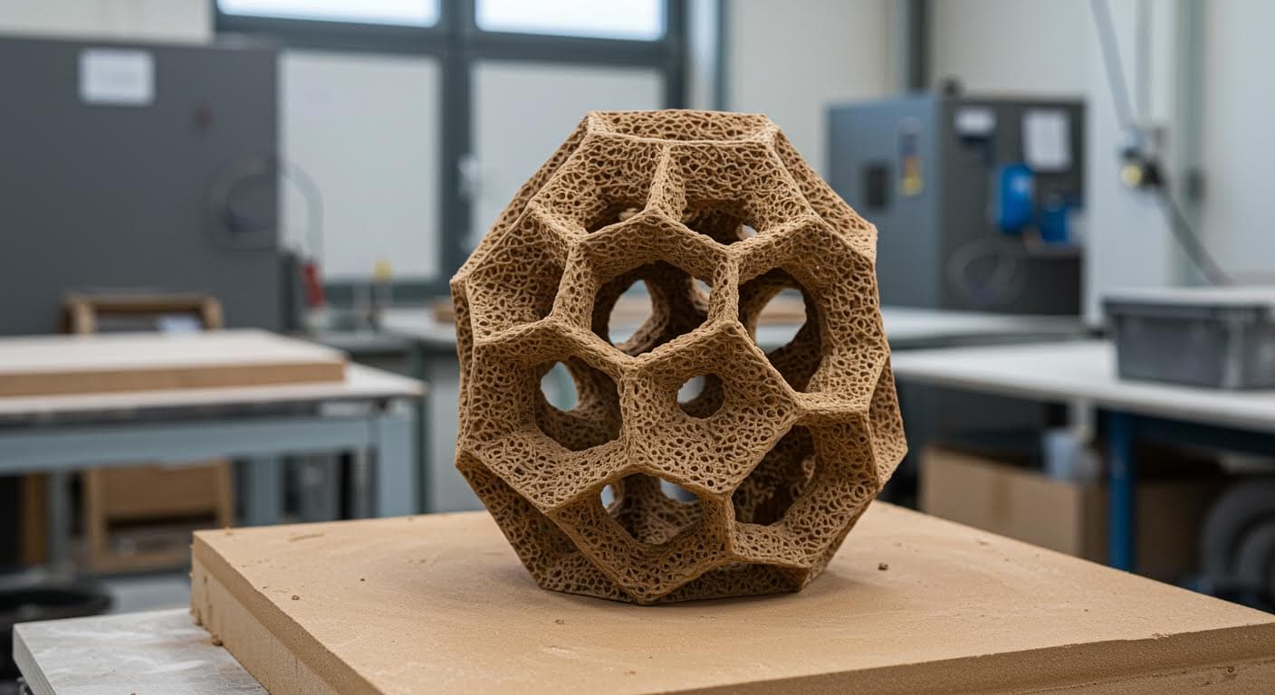 Professionelle Industriefotografie einer 3D-gedruckten Sandform in einer Gießerei-Umgebung, zeigend die poröse Struktur und komplexe Innengeometrie, rein visuell ohne Schriften.