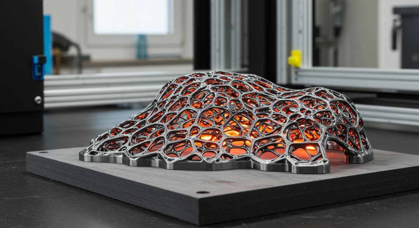 Magazin-taugliche Aufnahme eines fertigen gegossenen Metallteils mit bionischer Struktur, hervorgehoben durch Beleuchtung, das die Komplexität des Designs betont, textfrei.