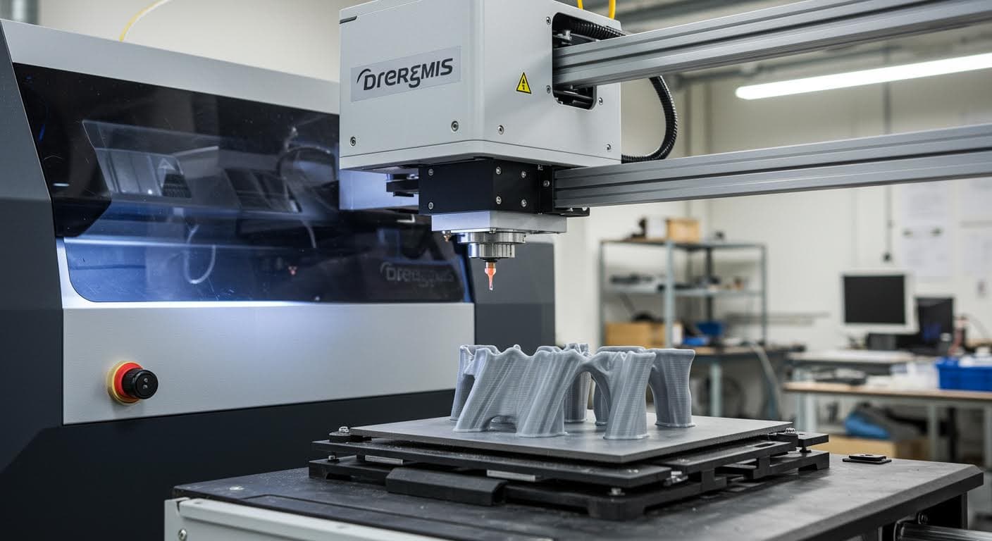 Hochauflösendes Bild eines SLA-3D-Druckers im Betrieb, der ein Modell schichtweise aufbaut, mit Fokus auf das Equipment und das entstehende Objekt, ohne Beschriftungen.