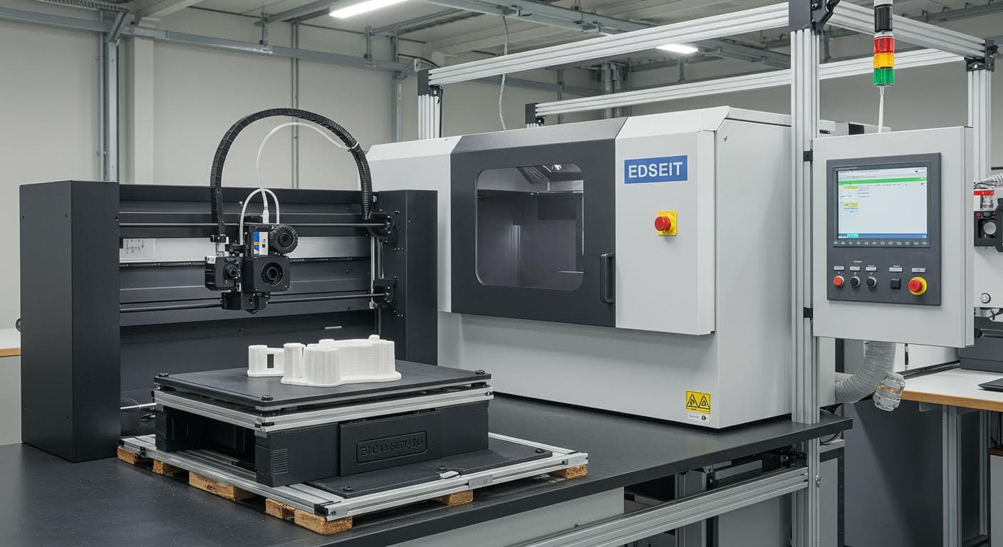 Nahaufnahme eines 3D-gedruckten ESD-sicheren Gehäuses in industrieller Umgebung, professionelle Industriefotografie, hochauflösend, ohne Text oder Logos