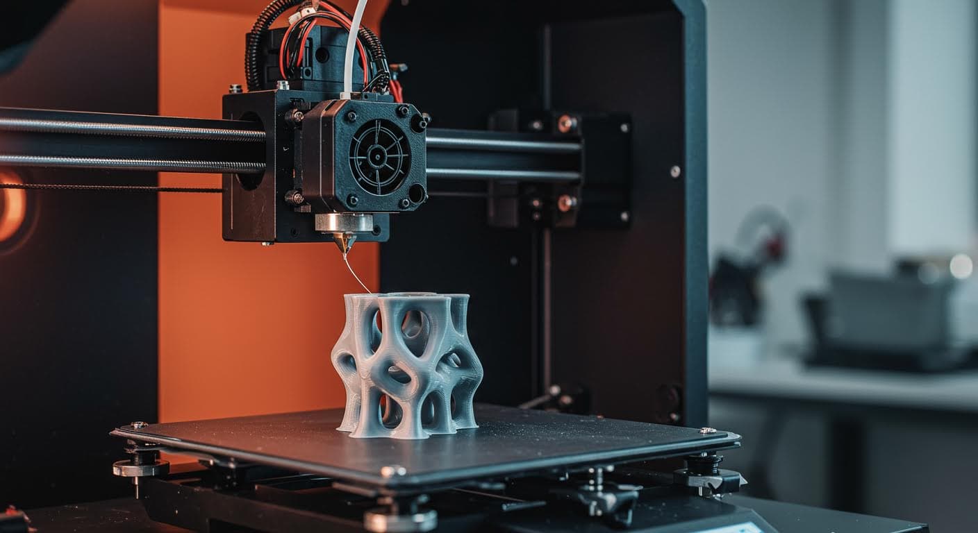 Hochauflösende Aufnahme eines FDM-3D-Druckers in Aktion, der ein komplexes Objekt aus Filament baut, mit Fokus auf die Extruderdüse und schmelzendes Material, professionelle Industriefotografie ohne jegliche Text-Elemente.