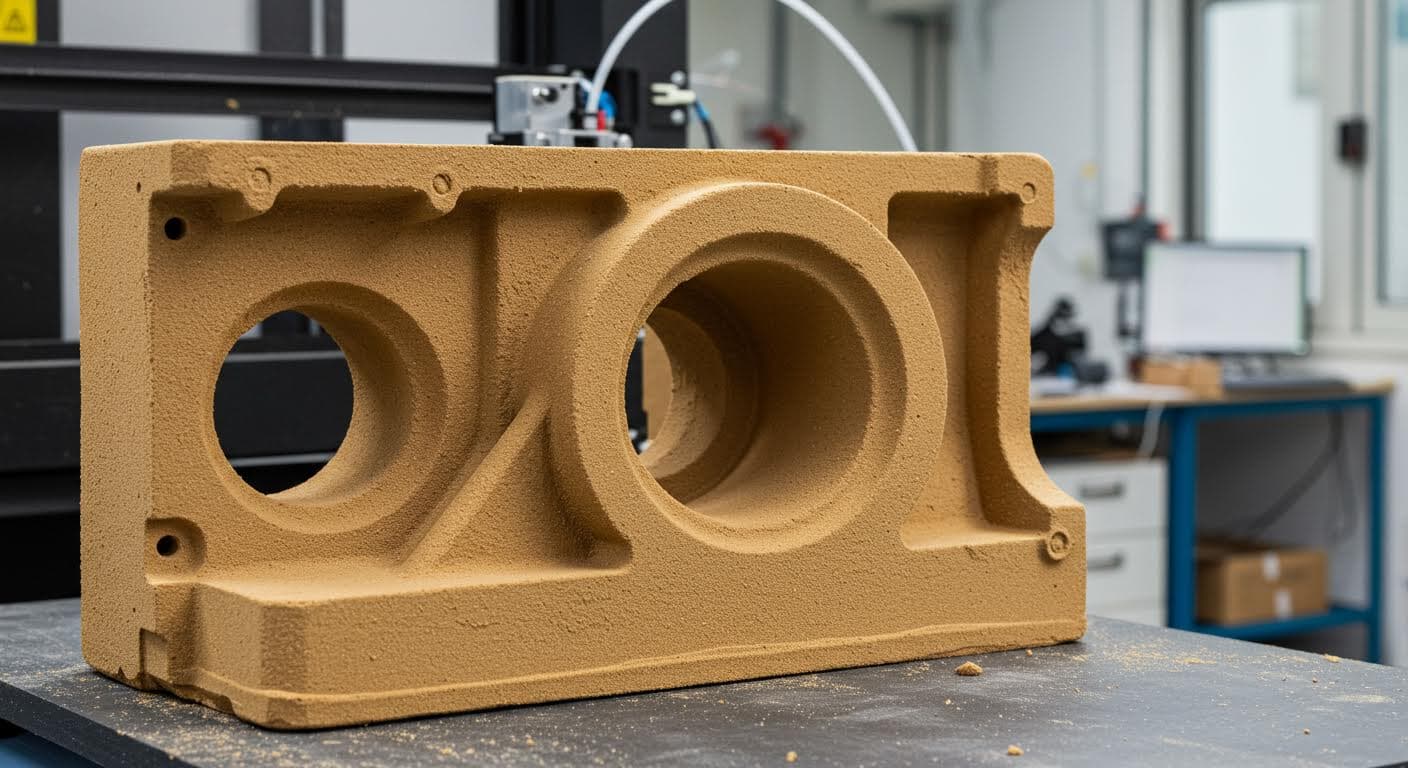 Nahaufnahme eines sandgegossenen Bauteils in hoher Qualität, das innere Kerne und äußere Form zeigt, professionell fotografiert ohne jegliche Text-Elemente.