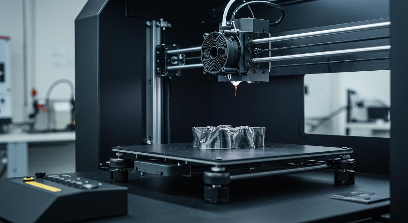 Detailansicht von Filament mit leitfähigen Additiven während des Druckprozesses, reine visuelle Darstellung, magazin-tauglich