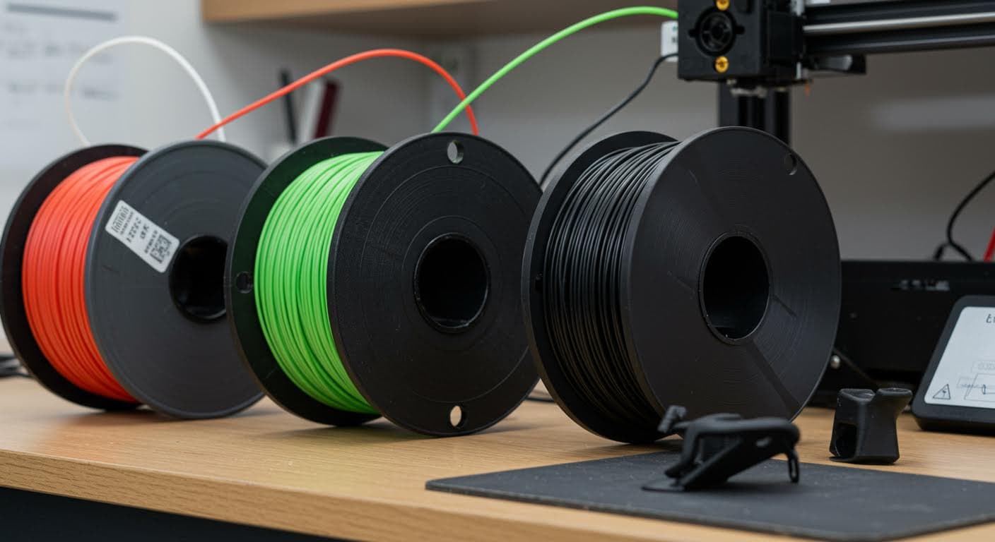 Vergleichende Darstellung von vier Filamentrollen in unterschiedlichen Farben, nebeneinander platziert auf einem Werkstatttisch, reines visuelles Setup mit Schwerpunkt auf Materialtexturen.