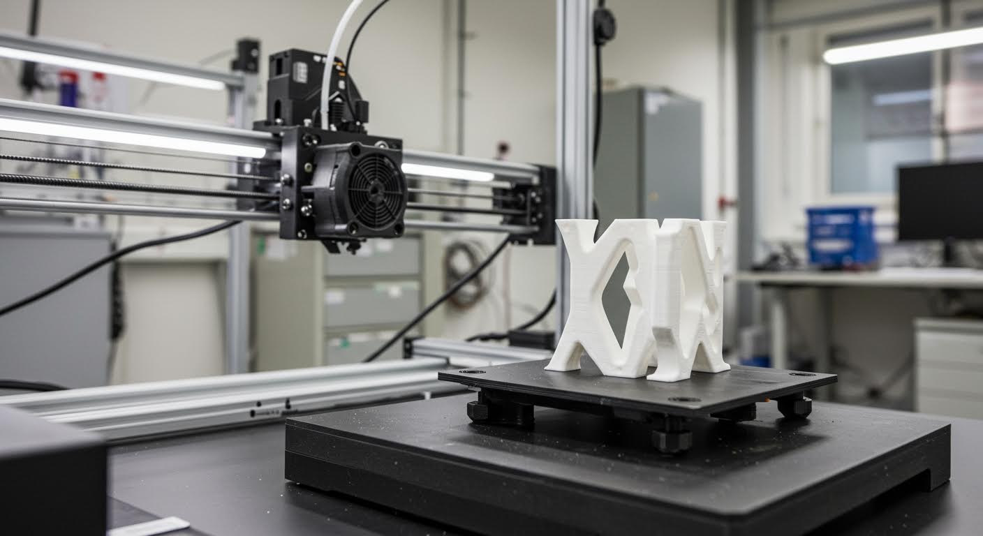 Nahaufnahme von 3D-gedruckten Testobjekten unter Belastung, zeigend Biegung und Festigkeit, in einem Laborumfeld, magasintauglich und textfrei.