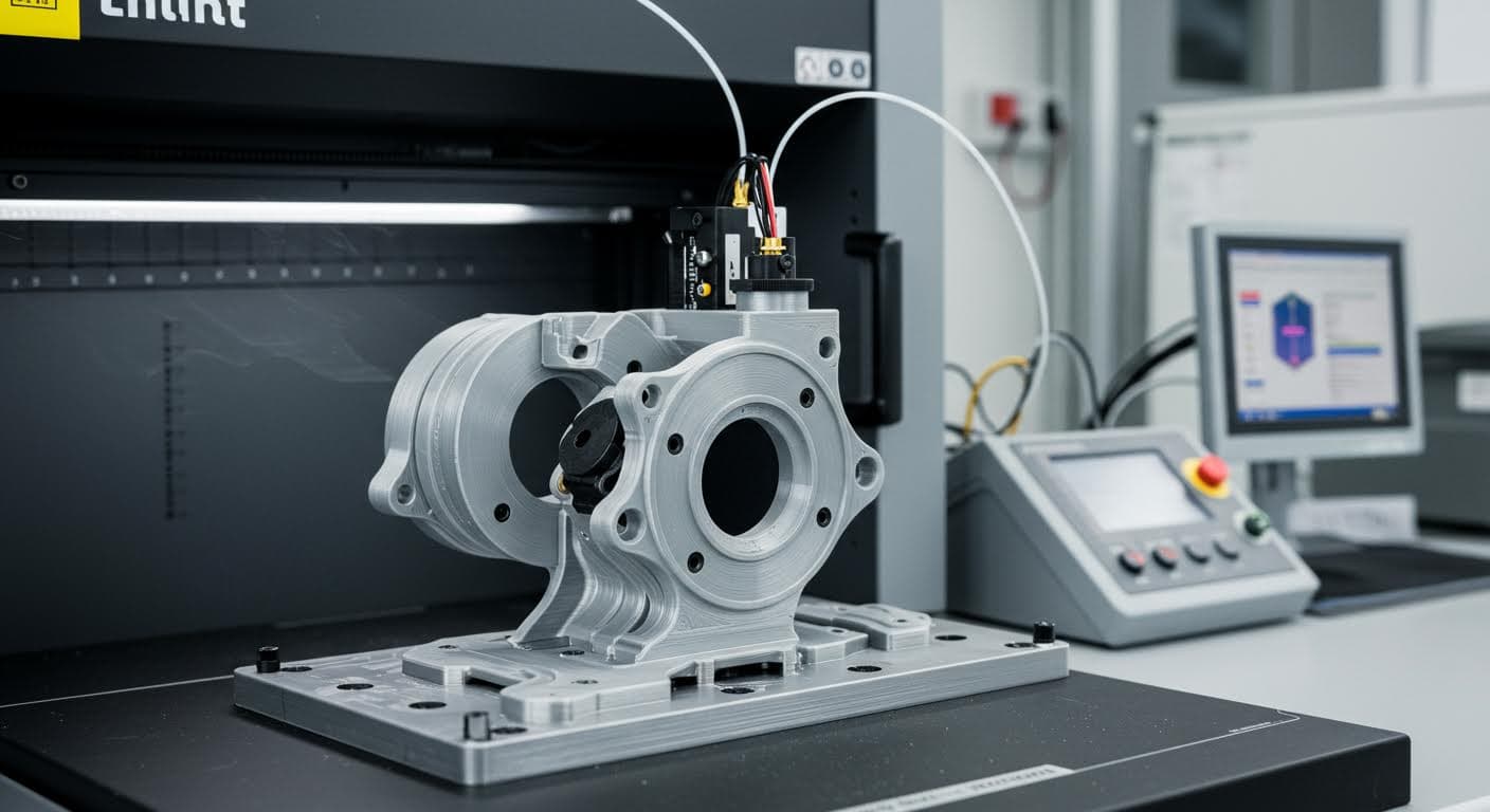 3D-gedrucktes Bauteil für Elektronik in Werkstattumgebung, hochauflösend, Fokus auf Produkt