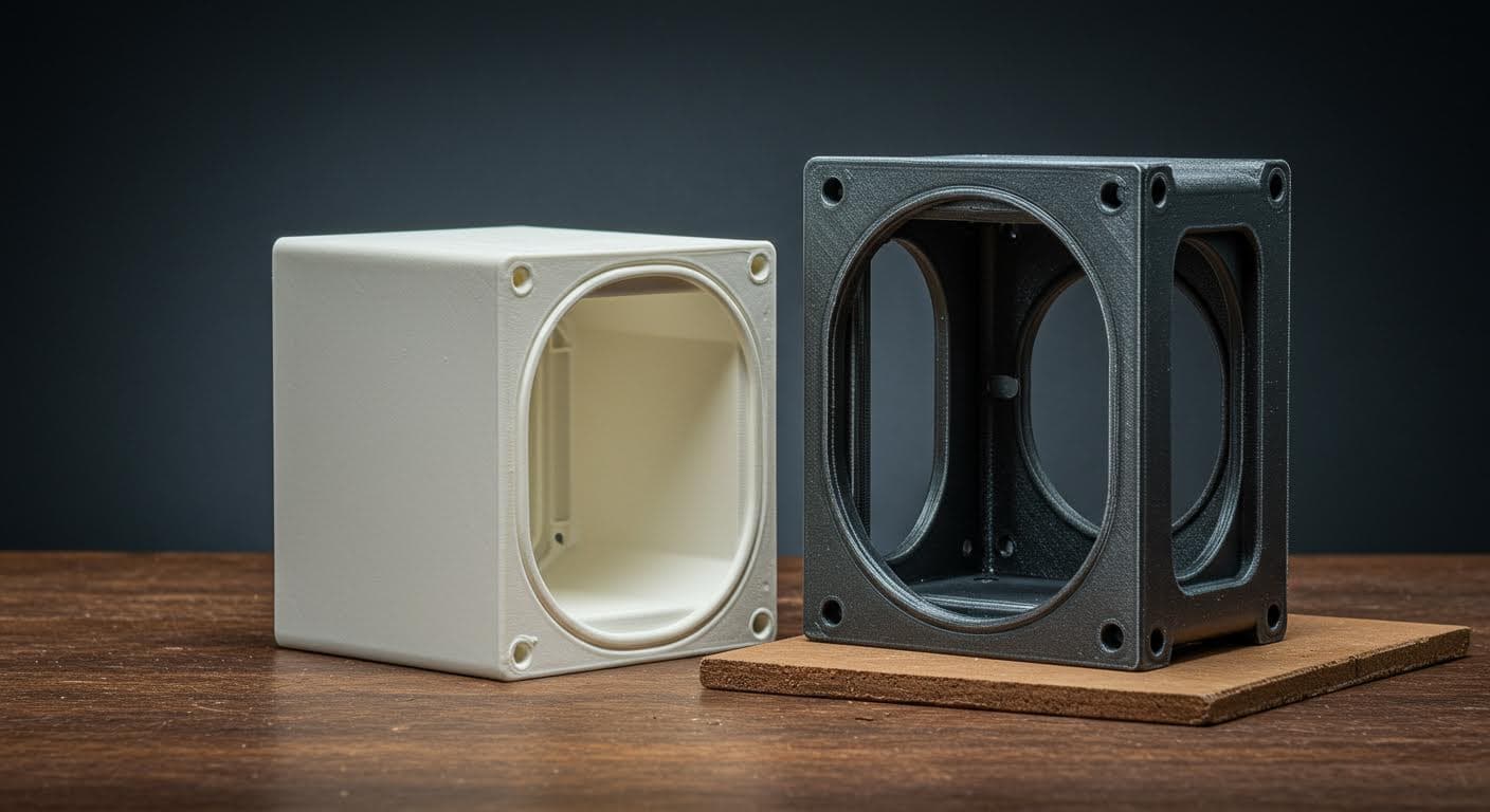 Outdoor-Szene mit einem 3D-gedruckten Gehäuse, das Witterungseinflüssen ausgesetzt ist, Fokus auf Oberflächenqualität und Robustheit, ohne Beschriftungen.