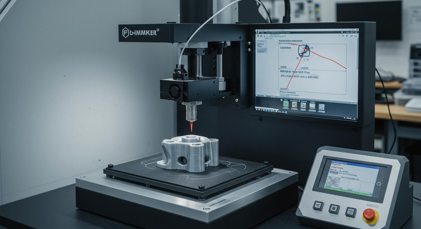 Professionelle Fotografie eines mechanischen Testgeräts, das ein gedrucktes Teil auf Zugfestigkeit prüft, mit sichtbaren Spannungslinien, hochauflösend und rein visuell.