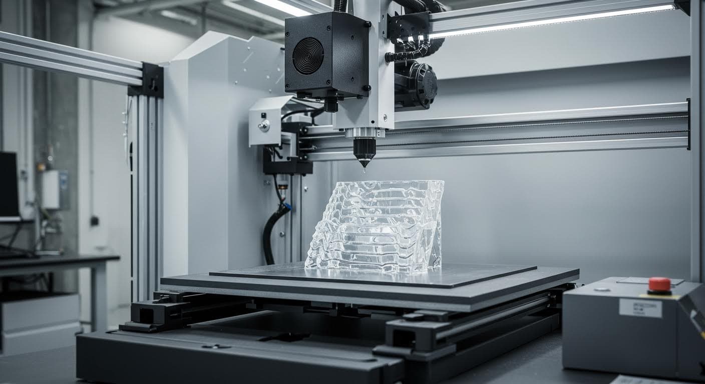 Hochauflösende Fotografie eines SLA-3D-Druckers, der ein transparentes Harz-Objekt schichtweise aufbaut, in industrieller Umgebung, ohne jegliche Text-Elemente