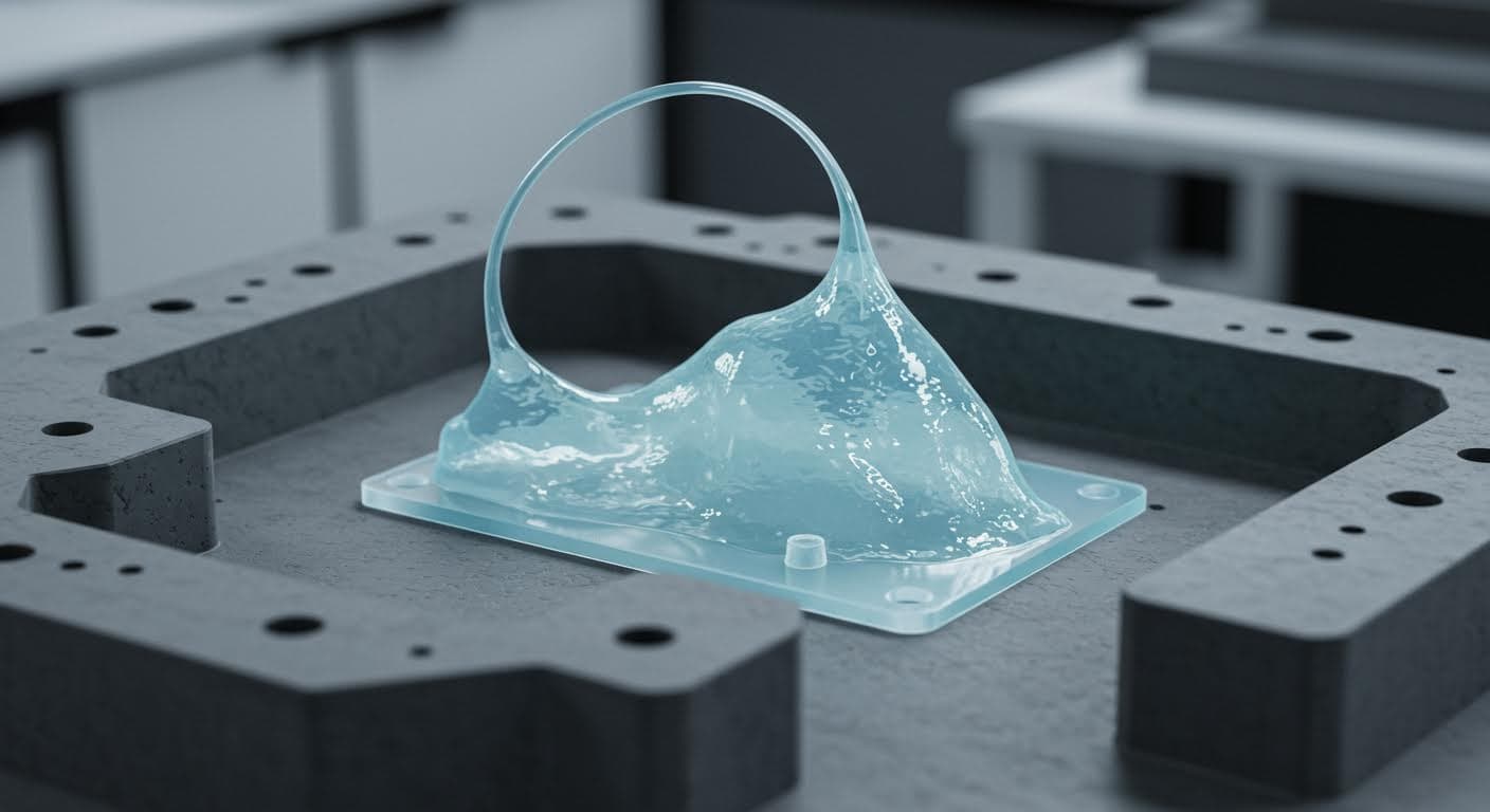 Professionelle Aufnahme einer flexiblen Silikonform im Aushärtungsprozess, umgeben von Formkasten-Elementen, betont die Transparenz und Elastizität des Materials, magazin-taugliche Qualität