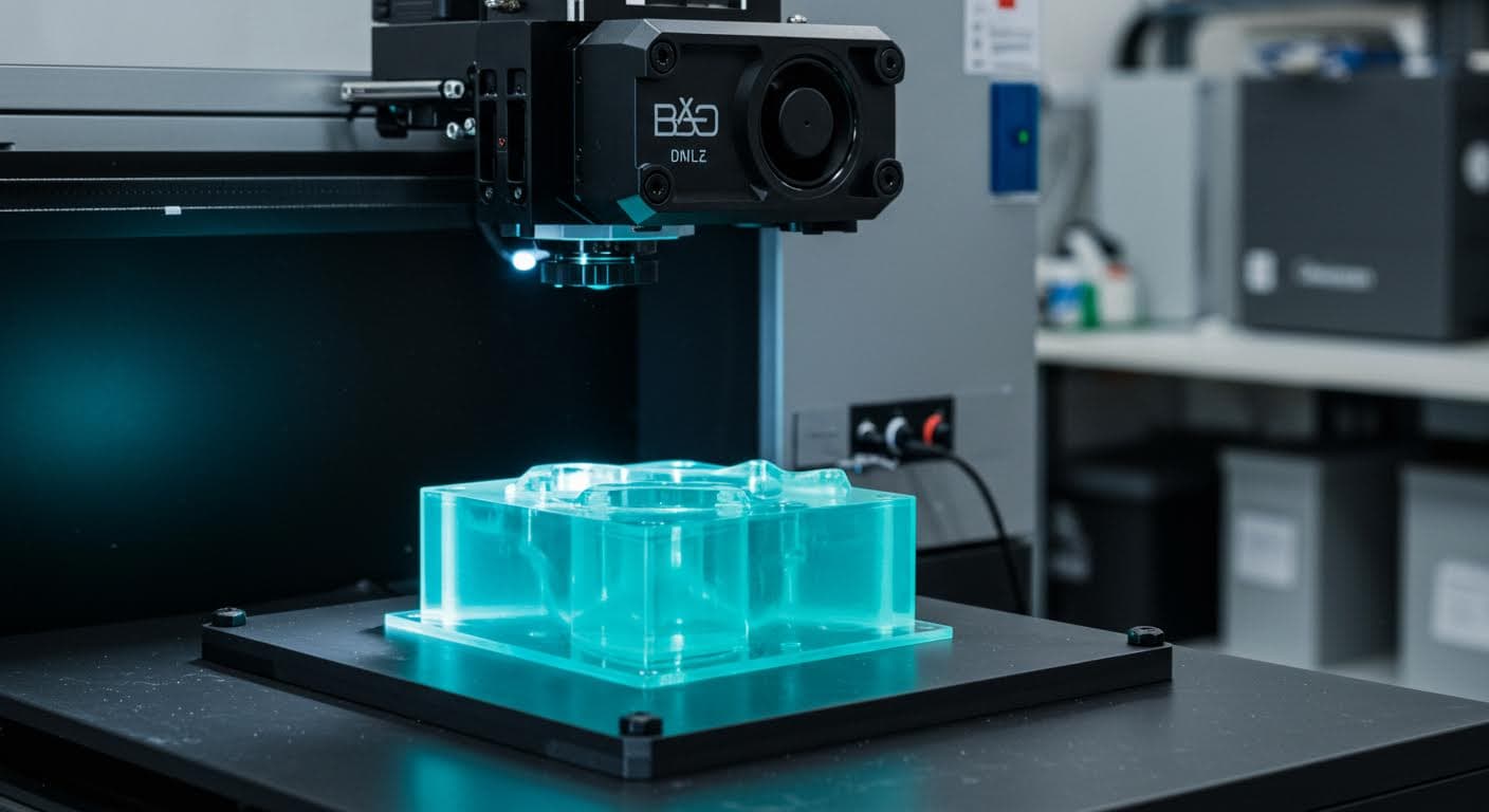 Nahaufnahme eines DLP-Projektors, der UV-Licht auf flüssiges Harz projiziert, resultierend in einem klaren, biokompatiblen Bauteil, professionelle Beleuchtung