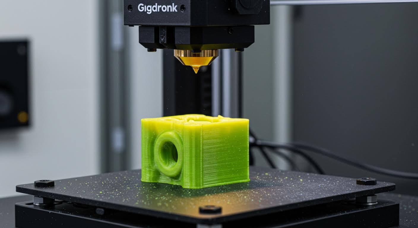 Detailed view of a tough resin printed part undergoing impact testing in a lab environment, showing material resilience, professional quality with no inscriptions