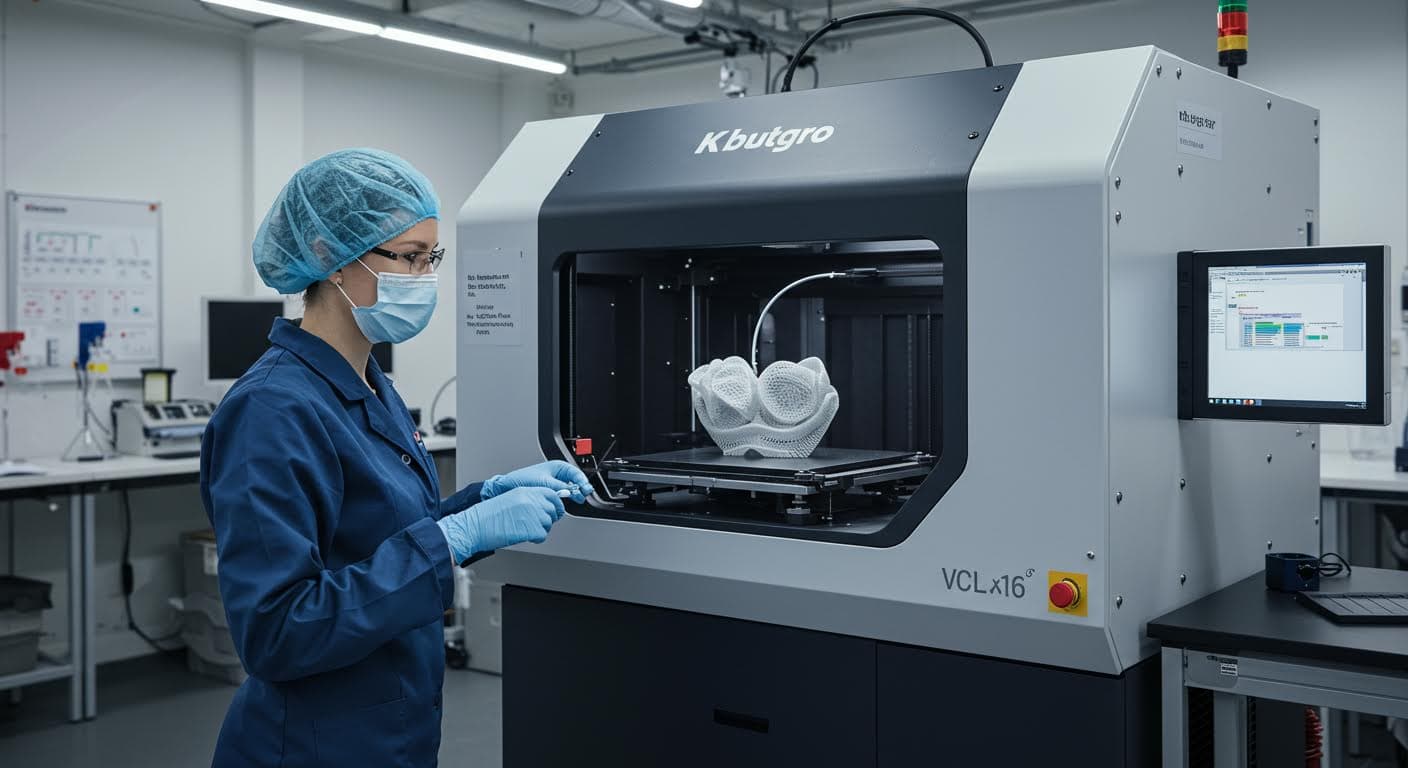 Visuelle Darstellung eines gedruckten, optisch klaren Implantats aus biokompatiblem Harz, in steriler Umgebung, magazin-qualität