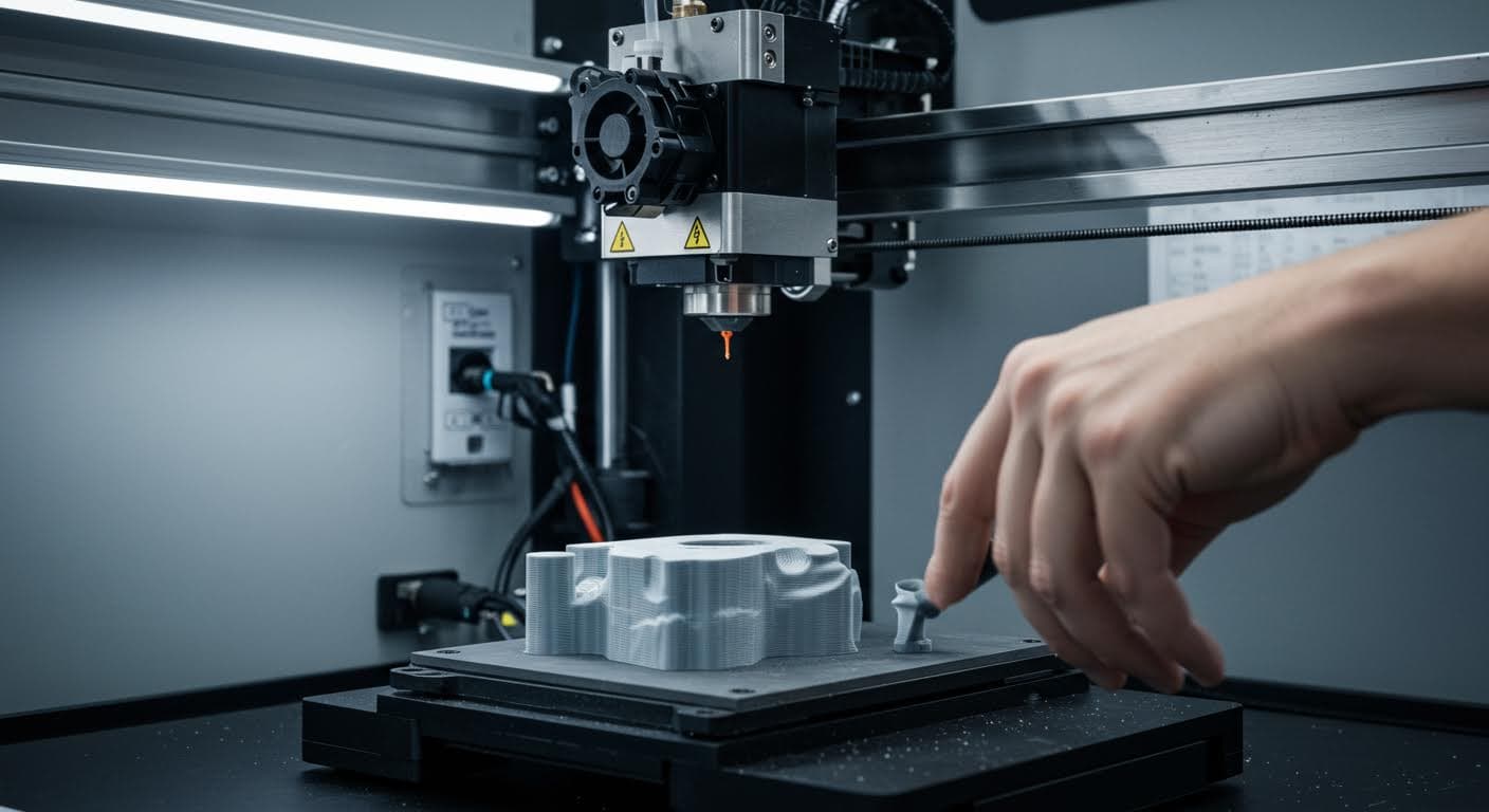 Industriefoto eines FDM-3D-Druckers im Betrieb, der ein Urmodell schichtweise aufbaut, mit Nahaufnahme auf den Druckkopf und das entstehende Objekt, rein visuell ohne Beschriftungen