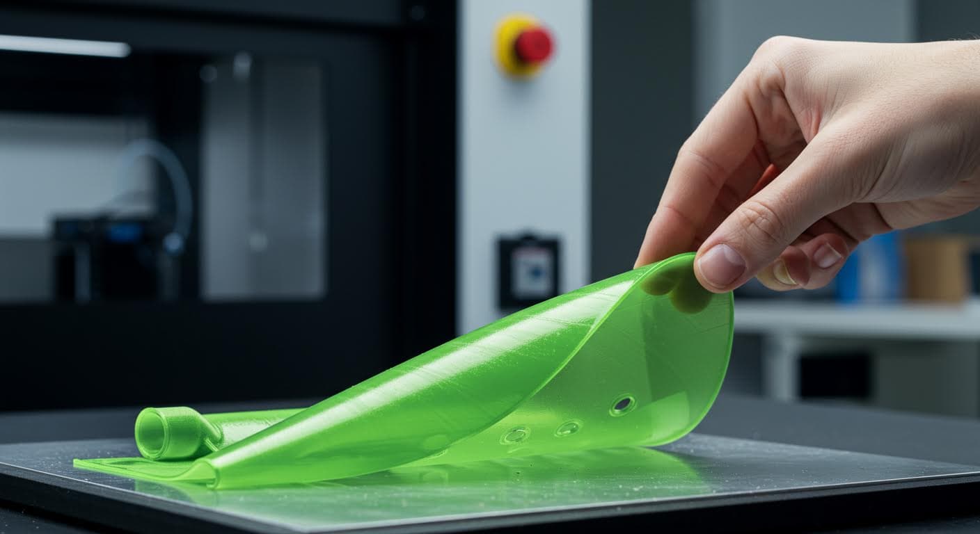 Flexible resin component being bent by hand in a clean manufacturing setting, emphasizing elasticity, magazine-quality image without text elements