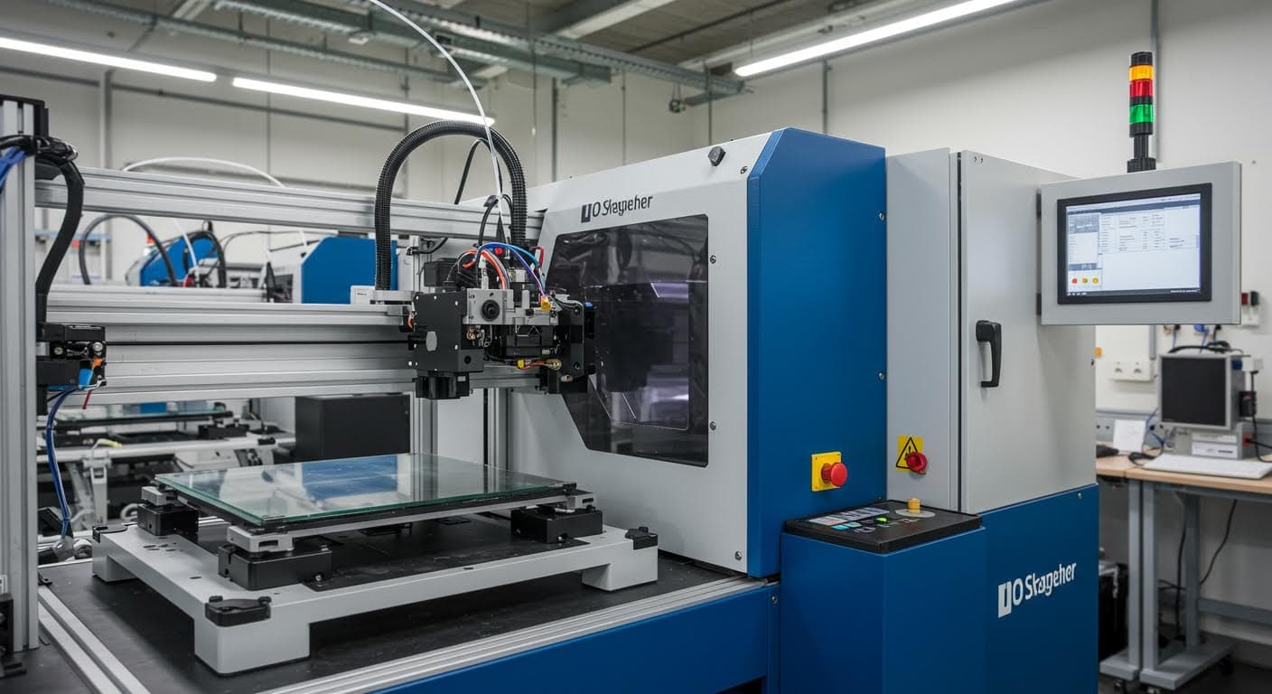 Industriefoto einer Serienproduktion mit mehreren DLP-Druckern, die transparente Komponenten herstellen, Fokus auf Technologie