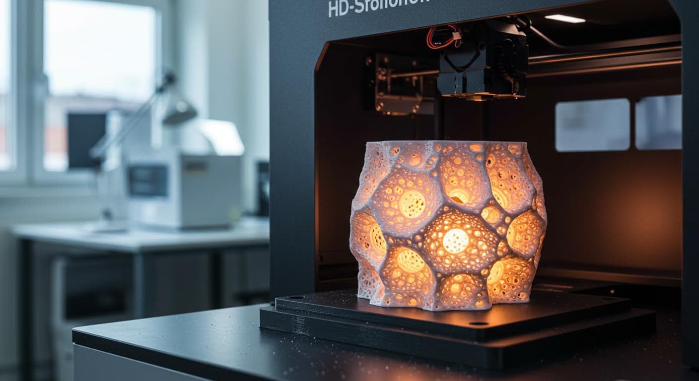 Nahaufnahme von komplexen inneren Strukturen in einem 3D-gedruckten Modell, hervorgehoben durch Beleuchtung, fokussiert auf Präzision und Materialtextur, professionell fotografiert