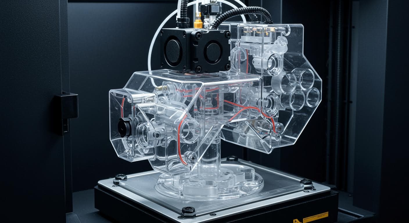 Detailbild eines Mikrofluidik-Systems aus transparentem Harz, mit sichtbaren Kanälen, hochpräzise und textfrei