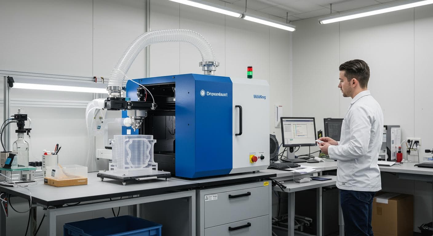 Übersicht über ein Labor-Setup mit Vakuumkammer und Silikonform, zeigt den Prozess der Blasenentfernung, reine Technologie-Darstellung in hoher Auflösung ohne Schrift