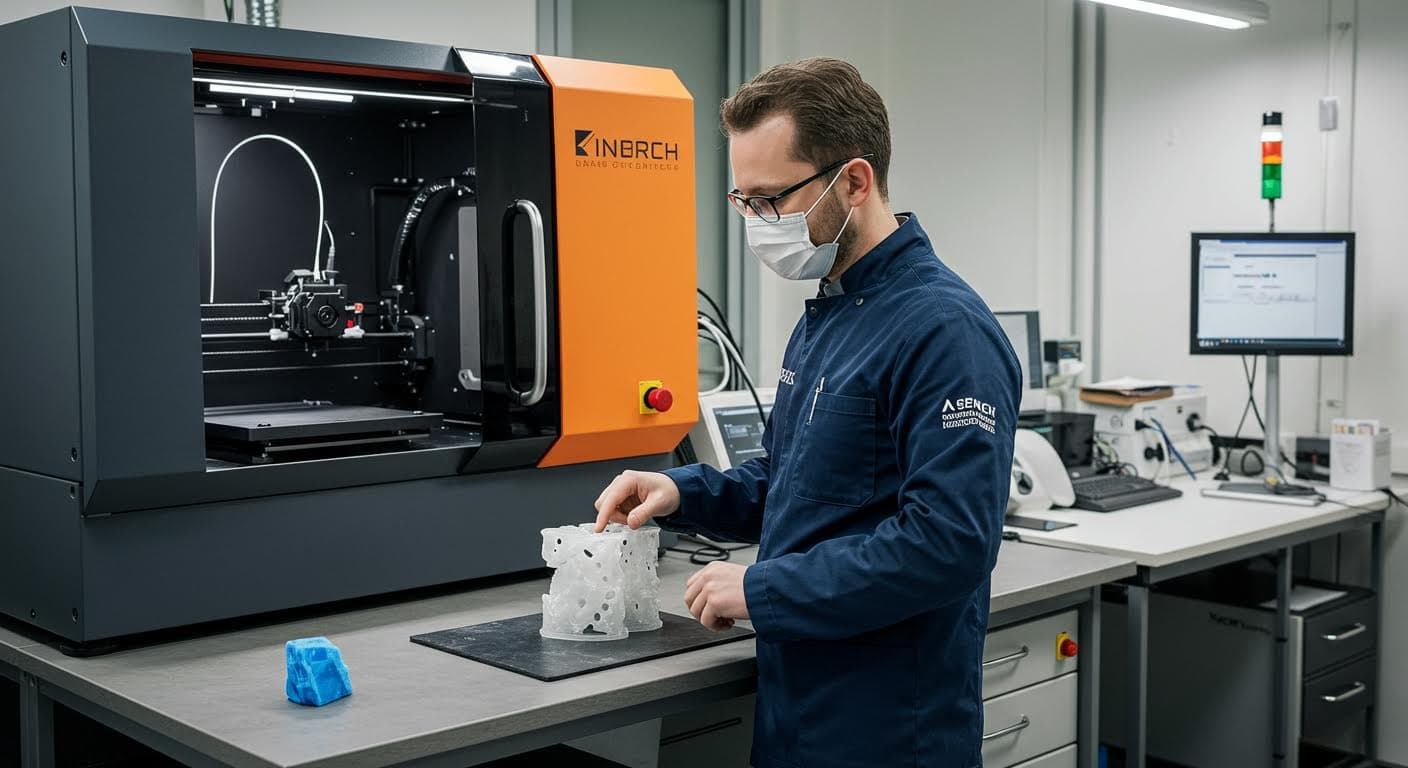 Zukunftsweisende Aufnahme von hybriden 3D-Druck-Materialien in einem Labor, betont Innovation ohne Beschriftungen