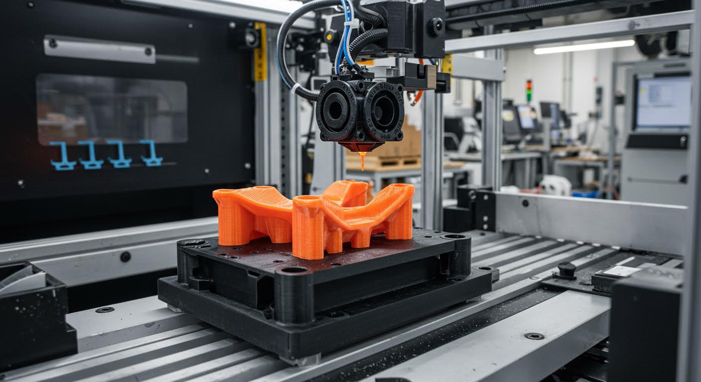 3D-printed part from high-temp resin integrated into an automotive assembly line, capturing the technology in action, high-res image with no text