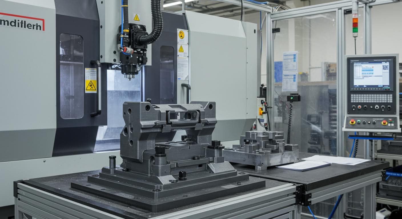 Hochauflösendes Foto eines 3D-gedruckten Jigs in einer modernen Fertigungsanlage, fokussiert auf Präzisionsdetails ohne jegliche Beschriftungen