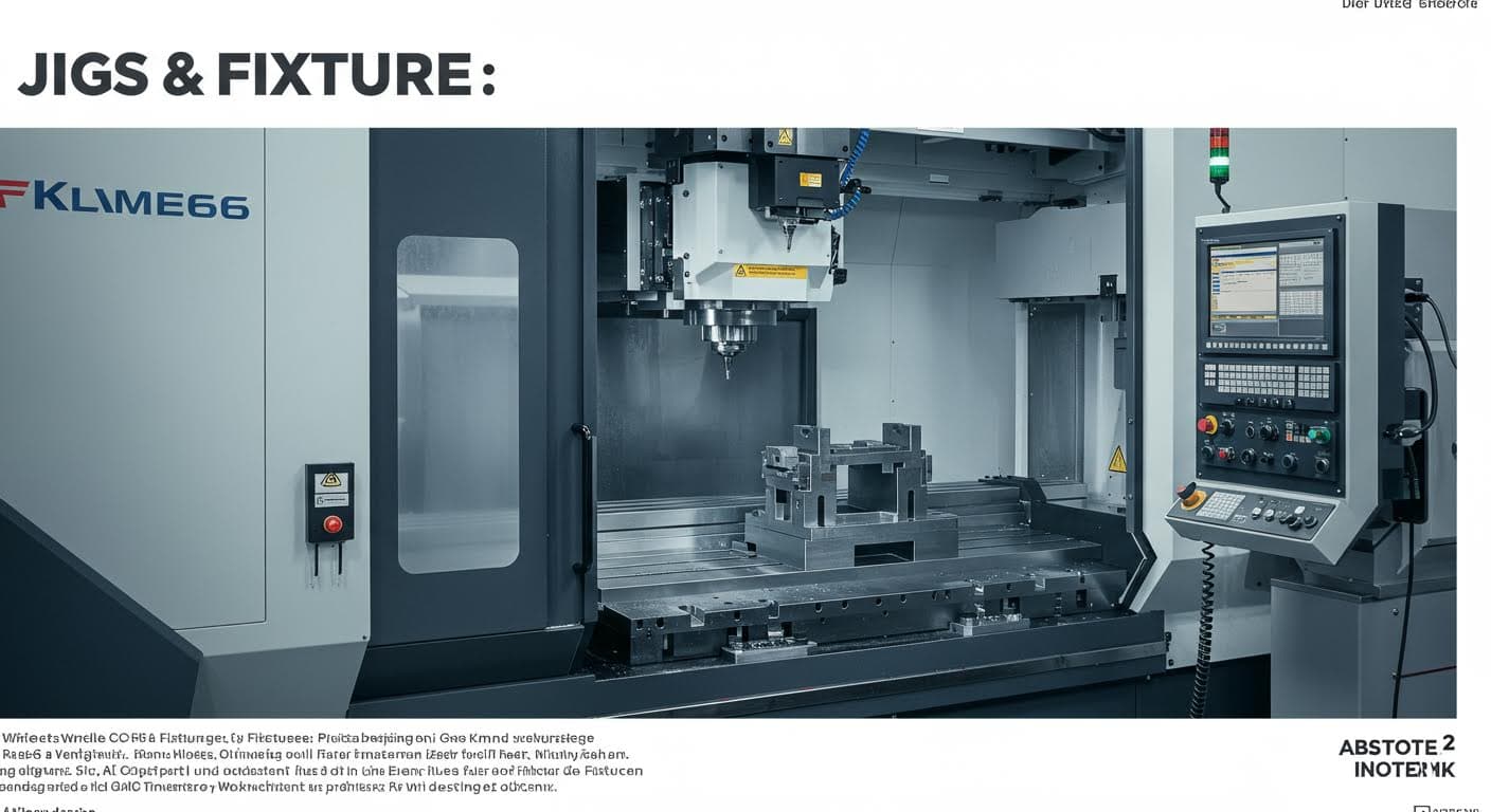 Professionelle Industriefotografie einer CNC-Maschine mit Fixture, die ein Werkstück fixiert, in hoher Auflösung und rein visuell