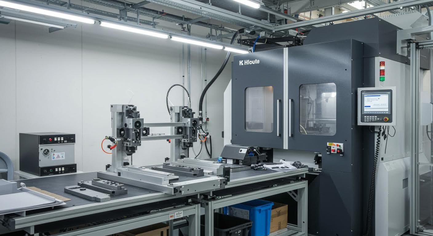 Visuelle Darstellung modularer Fixtures in einer Luftfahrtproduktionsumgebung, magazin-tauglich ohne Text oder Logos