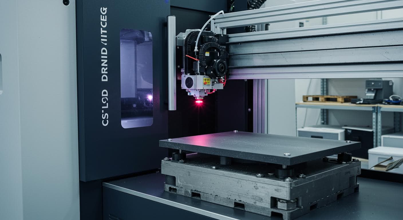 Professionelle Nahaufnahme eines SLS-3D-Druckers, der Polymerpulver sintert, in industrieller Umgebung mit Fokus auf den Laserstrahl und Pulverbett, hochauflösend ohne jeglichen Text.